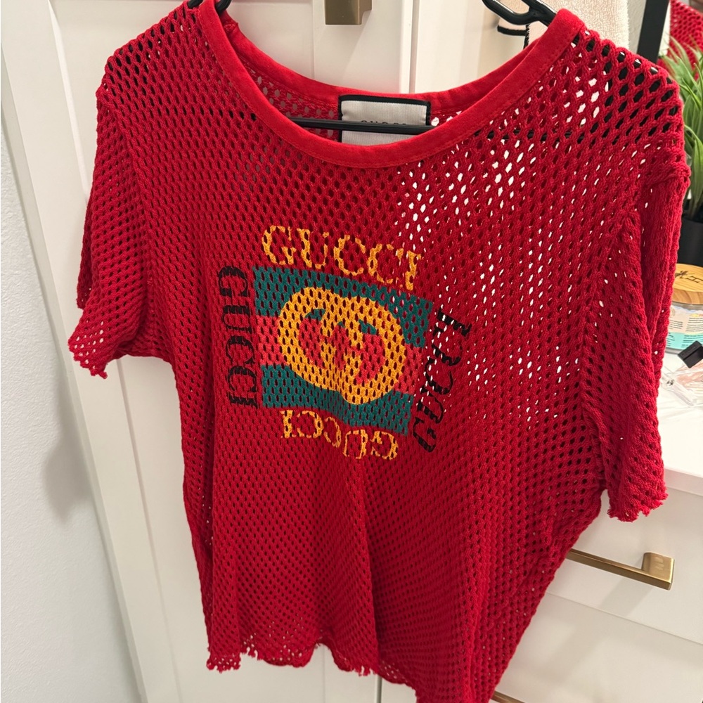 Gucci Red Mesh Tee with Logo